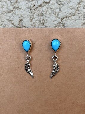 925 Sterling Silver Kingman Turquoise Feather Drop Earrings